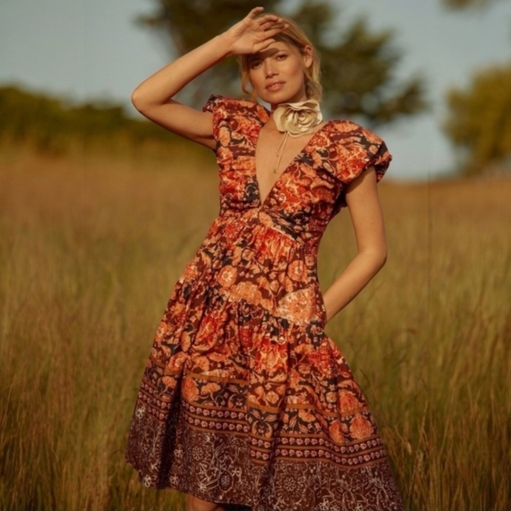 Anthropologie Rustic Floral Midi Dress in Burnt Orange and Brown